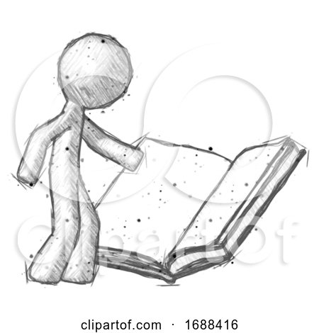 Sketch Design Mascot Man Reading Big Book While Standing Beside It by Leo Blanchette