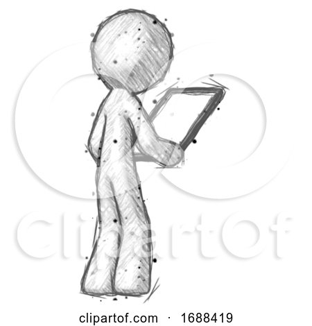 Sketch Design Mascot Man Looking at Tablet Device Computer Facing Away by Leo Blanchette