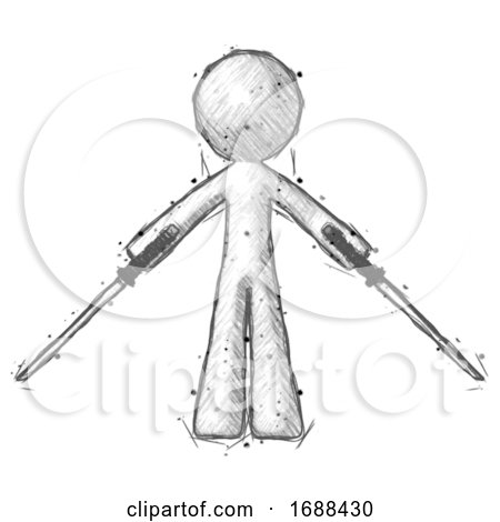 Sketch Design Mascot Man Posing with Two Ninja Sword Katanas by Leo Blanchette