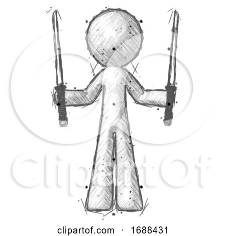 Sketch Design Mascot Man Posing with Two Ninja Sword Katanas up by Leo Blanchette