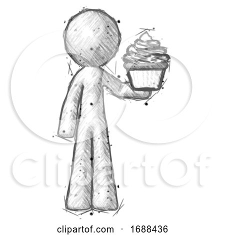 Sketch Design Mascot Man Presenting Pink Cupcake to Viewer by Leo Blanchette