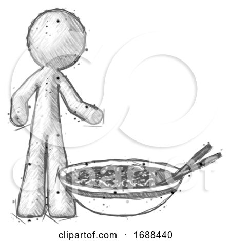 Sketch Design Mascot Man and Noodle Bowl, Giant Soup Restaraunt Concept by Leo Blanchette