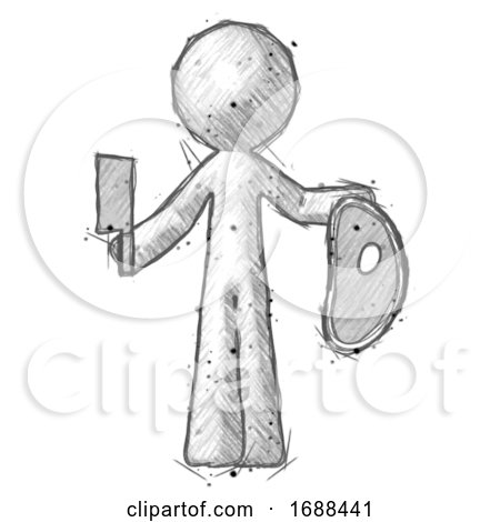 Sketch Design Mascot Man Holding Large Steak with Butcher Knife by Leo Blanchette