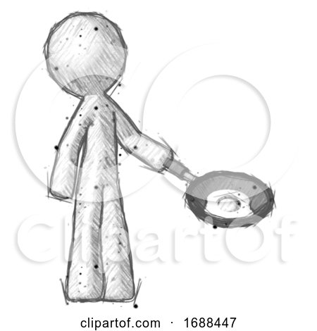 Sketch Design Mascot Man Frying Egg in Pan or Wok Facing Right by Leo Blanchette