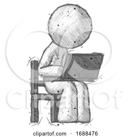 Sketch Design Mascot Man Using Laptop Computer While Sitting in Chair Angled Right by Leo Blanchette