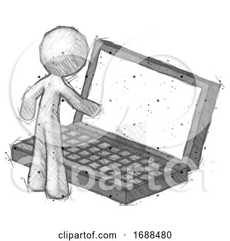 Sketch Design Mascot Man Using Large Laptop Computer by Leo Blanchette