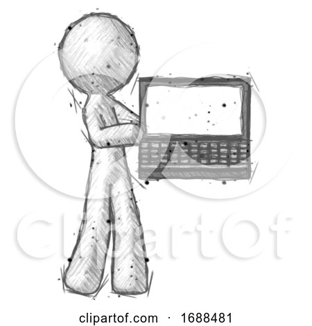 Sketch Design Mascot Man Holding Laptop Computer Presenting Something on Screen by Leo Blanchette