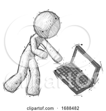 Sketch Design Mascot Man Throwing Laptop Computer in Frustration by Leo Blanchette