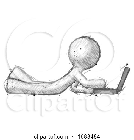 Sketch Design Mascot Man Using Laptop Computer While Lying on Floor Side View by Leo Blanchette