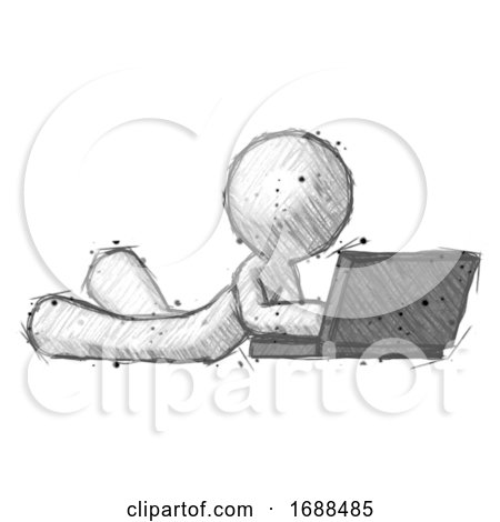 Sketch Design Mascot Man Using Laptop Computer While Lying on Floor Side Angled View by Leo Blanchette