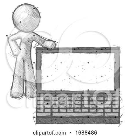 Sketch Design Mascot Man Beside Large Laptop Computer, Leaning Against It by Leo Blanchette