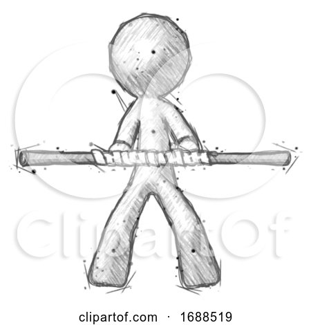 Sketch Design Mascot Man Bo Staff Kung Fu Defense Pose by Leo Blanchette