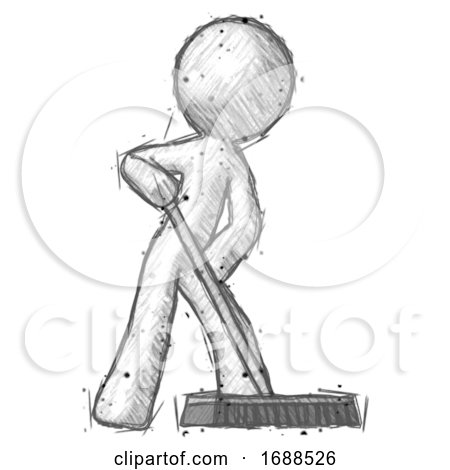 Sketch Design Mascot Man Cleaning Services Janitor Sweeping Floor with Push Broom by Leo Blanchette