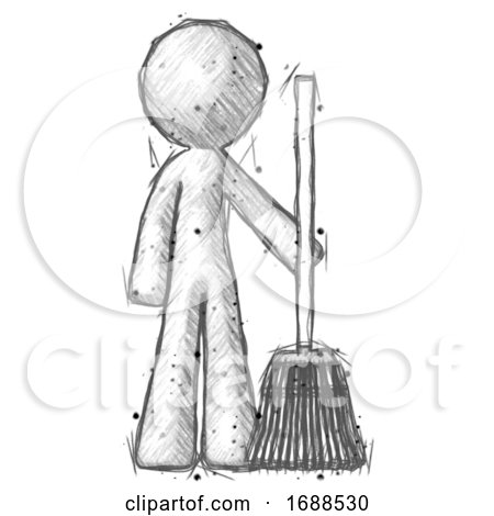 Sketch Design Mascot Man Standing with Broom Cleaning Services by Leo Blanchette