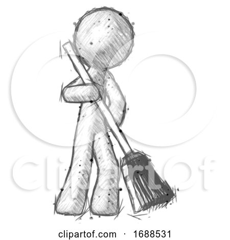 Sketch Design Mascot Man Sweeping Area with Broom by Leo Blanchette