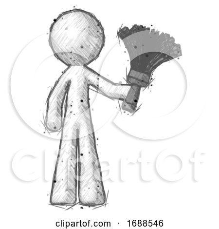 Sketch Design Mascot Man Holding Feather Duster Facing Forward by Leo Blanchette