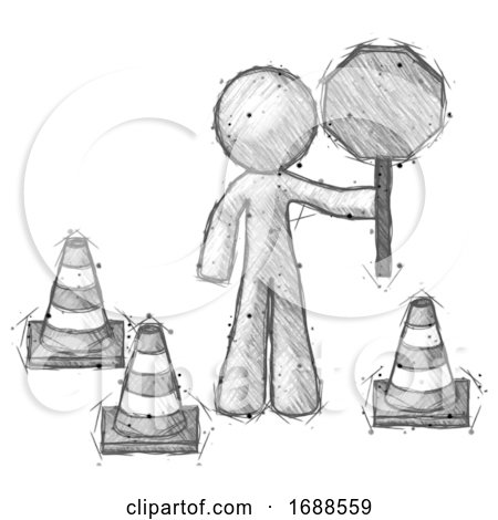 Sketch Design Mascot Man Holding Stop Sign by Traffic Cones Under Construction Concept by Leo Blanchette