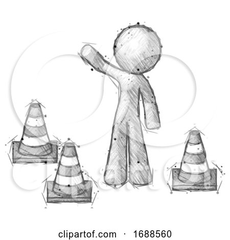 Sketch Design Mascot Man Standing by Traffic Cones Waving by Leo Blanchette