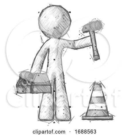 Sketch Design Mascot Man Under Construction Concept, Traffic Cone and Tools by Leo Blanchette
