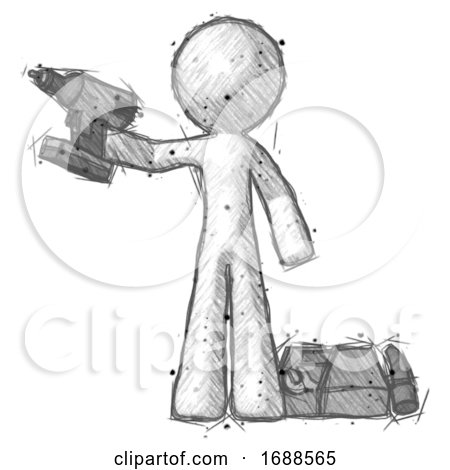 Sketch Design Mascot Man Holding Drill Ready to Work, Toolchest and Tools to Right by Leo Blanchette