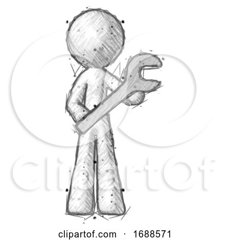 Sketch Design Mascot Man Holding Large Wrench with Both Hands by Leo Blanchette