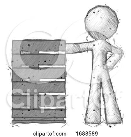 Sketch Design Mascot Man with Server Rack Leaning Confidently Against It by Leo Blanchette