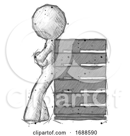 Sketch Design Mascot Man Resting Against Server Rack by Leo Blanchette