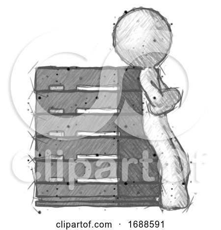 Sketch Design Mascot Man Resting Against Server Rack Viewed at Angle by Leo Blanchette