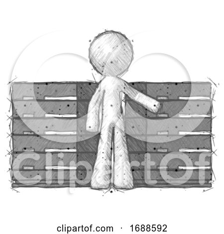 Sketch Design Mascot Man with Server Racks, in Front of Two Networked Systems by Leo Blanchette