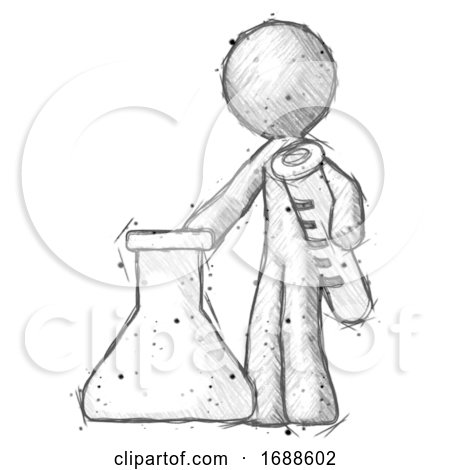 Sketch Design Mascot Man Holding Test Tube Beside Beaker or Flask by Leo Blanchette