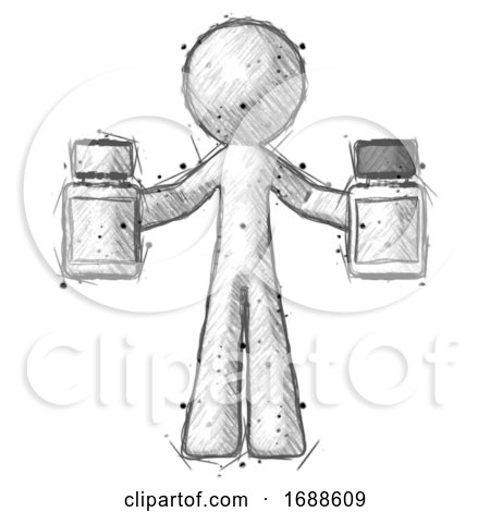 Sketch Design Mascot Man Holding Two Medicine Bottles by Leo Blanchette