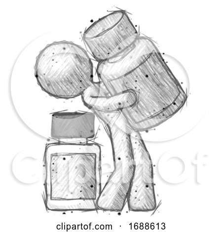 Sketch Design Mascot Man Holding Large White Medicine Bottle with Bottle in Background by Leo Blanchette