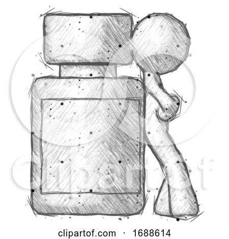 Sketch Design Mascot Man Leaning Against Large Medicine Bottle by Leo Blanchette