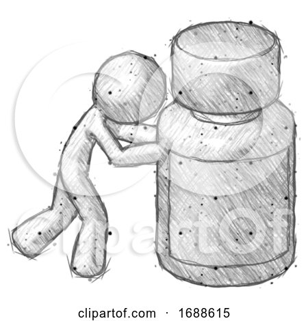 Sketch Design Mascot Man Pushing Large Medicine Bottle by Leo Blanchette