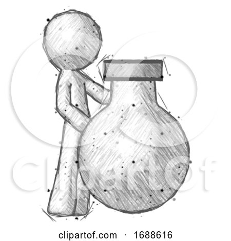 Sketch Design Mascot Man Standing Beside Large Round Flask or Beaker by Leo Blanchette