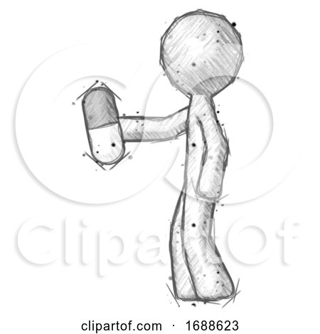 Sketch Design Mascot Man Holding Pill Walking to Left by Leo Blanchette