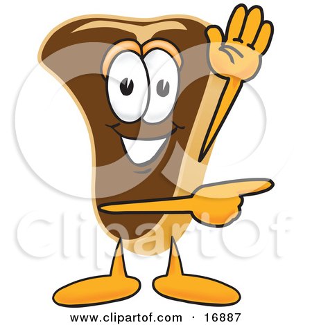 Clipart Picture of a Meat Beef Steak Mascot Cartoon Character Waving and Pointing to the Right by Toons4Biz