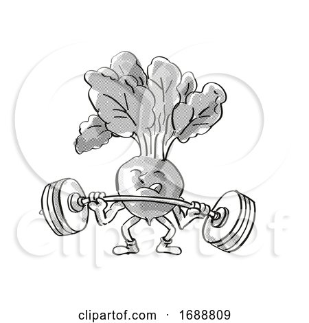 Red Radish Healthy Vegetable Lifting Barbell Cartoon Retro Drawing by patrimonio