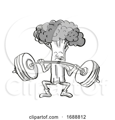 Broccoli Healthy Vegetable Lifting Barbell Cartoon Retro Drawing by patrimonio