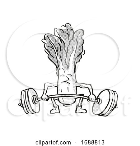 Bok Choy or Pak Choi Healthy Vegetable Lifting Barbell Cartoon Retro Drawing by patrimonio