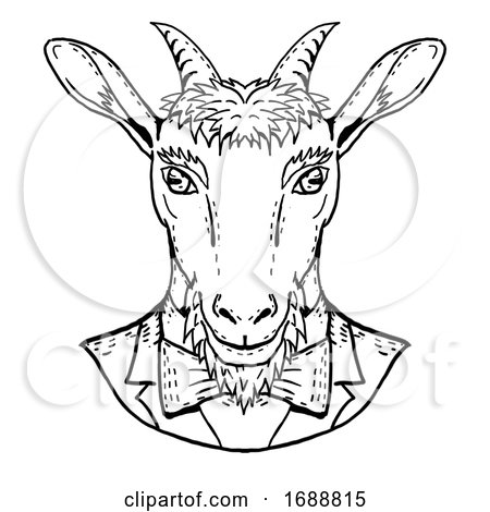 Goat Wearing Tuxedo and Tie Portrait Cartoon Retro Drawing by patrimonio
