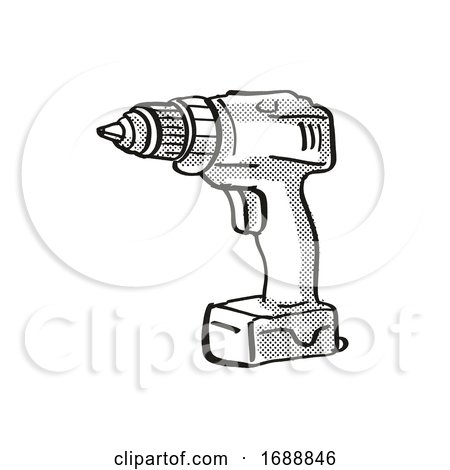 Portable Hand Drill Power Tool Equipment Cartoon Retro Drawing by patrimonio