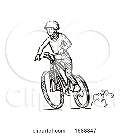 Female Cyclist Riding Electric Bicycle Cartoon Retro Drawing by patrimonio
