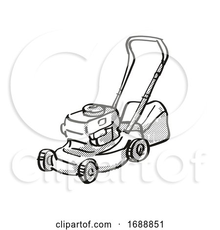 Lawn Mower Power Tool Equipment Cartoon Retro Drawing by patrimonio