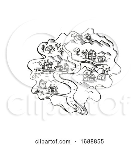 Island with River and Houses Vintage Fantasy Map Cartoon Retro Drawing by patrimonio