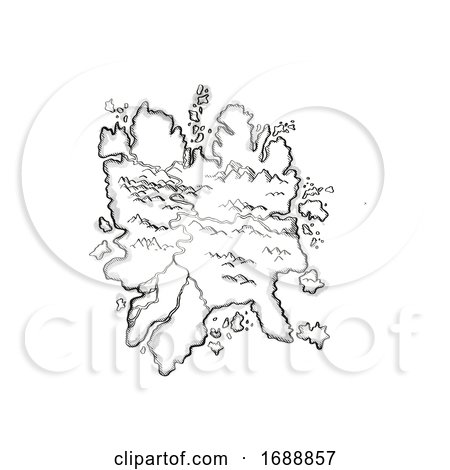 Island with Mountains and Rivers Vintage Fantasy Map Cartoon Retro Drawing by patrimonio