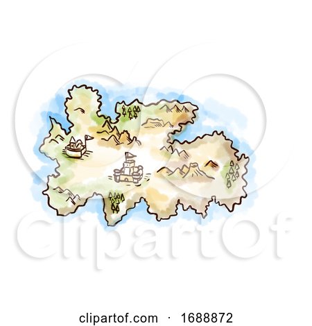 Medieval Fantasy Map of an Island Drawing Retro by patrimonio