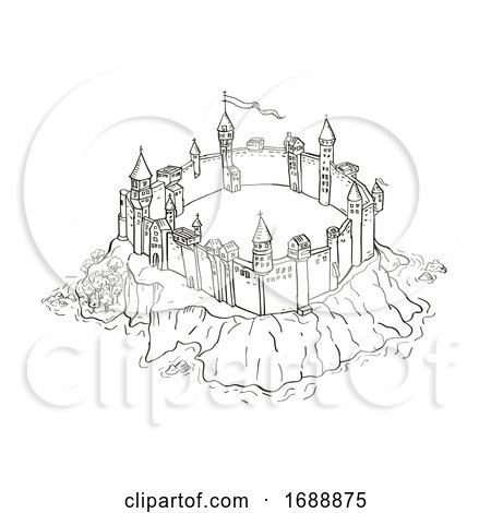 Castle or Fortress on Island Vintage Fantasy Map Cartoon Retro Drawing by patrimonio