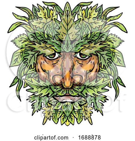 Green Man with Foliate Head Portrait Cartoon Retro Drawing by patrimonio