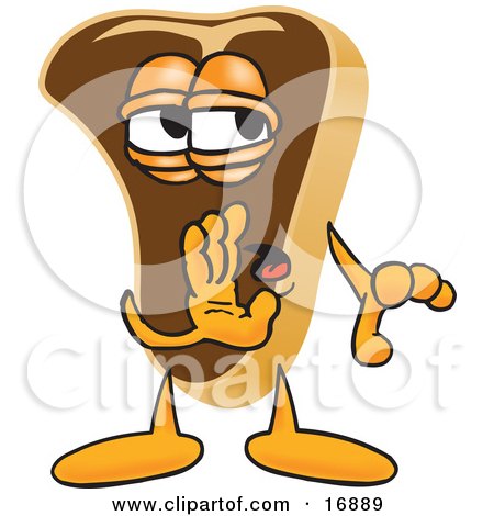 Clipart Picture of a Meat Beef Steak Mascot Cartoon Character Whispering and Telling Secrets by Mascot Junction